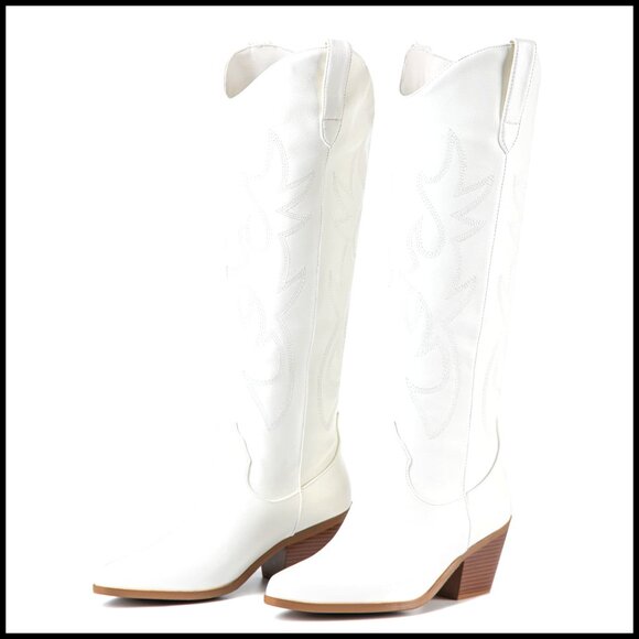Shoes - Women's Knee High Cowboy Boots 2-Inch Chunky Heel Embroidered Western